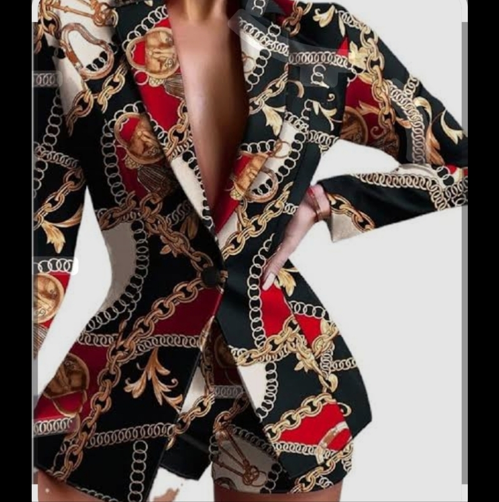 SHEIN Chain Print Blazer with Shorts- Red, Black, and White